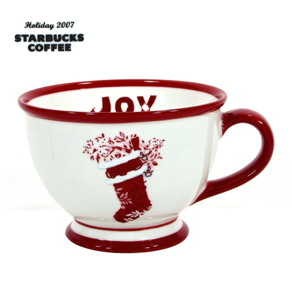 Starbucks Red White JOY Holiday Christmas Stocking Snowflake 10oz Coffee Mug Cup